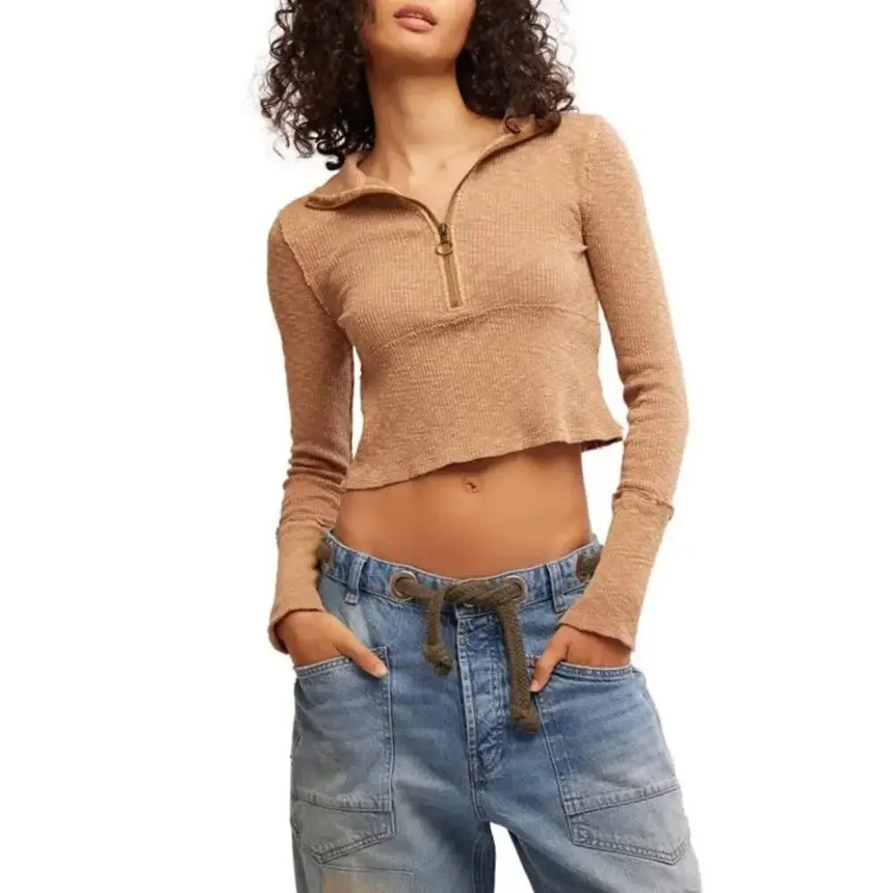 Free People We The Free Midnight Stretch 1/4 Zip Crop Top Size Large